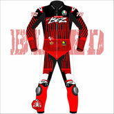 Front-facing view of the Marco Bezzecchi 2025 MotoGP Racing Suit, highlighting vivid red and black striped patterns, sponsor logos, and the number 72.